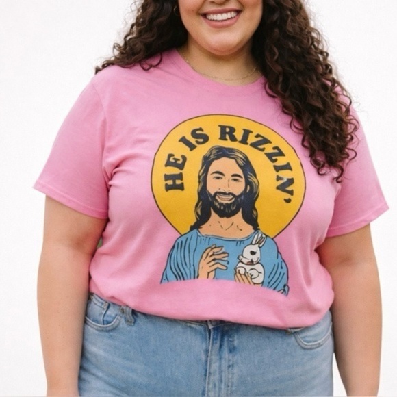 Port and Company Tops - Pink “He Is Rizzin” Easter Jesus Graphic Tee T-Shirt Funny Humor Cute XXL NEW